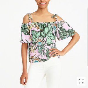 J. Crew Banana leaf print tassel cold shoulder top